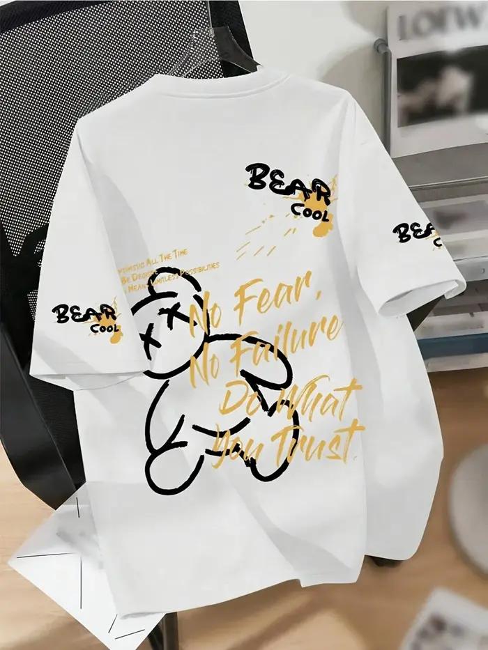 T-shirt d'été respirant à col rond pour hommes, avec motif imprimé d'ours de dessin animé, adapté au