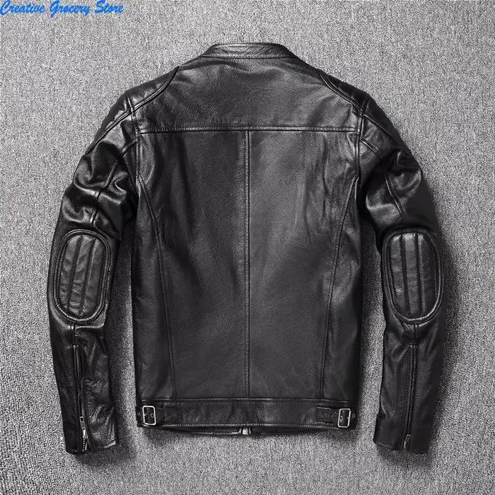 Veste de moto en cuir de vache pour hommes, col montant, mode, couleur unie, ample, polyvalente, déc