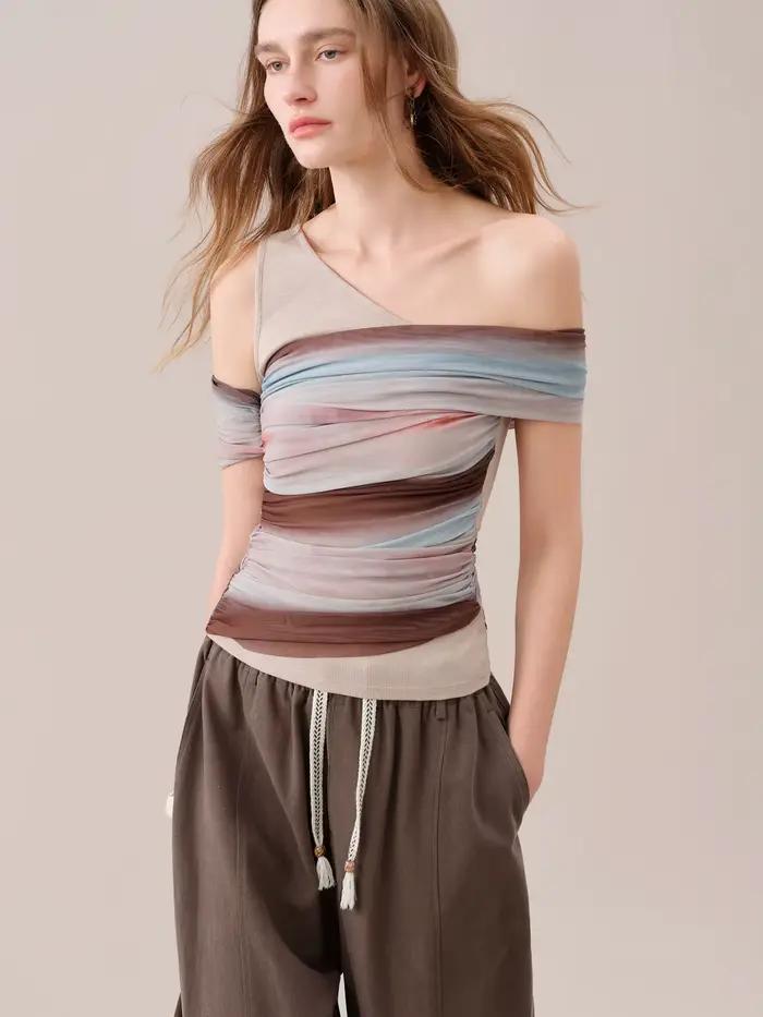 FSLE【Série Premium】T-shirt en tricot à col asymétrique et manches courtes pour femme, style rétro ét