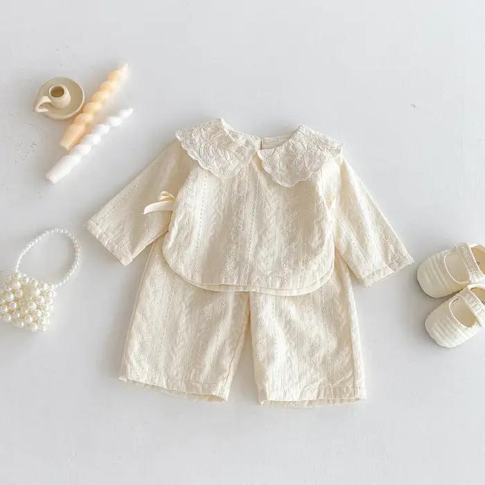Haut à col en dentelle pour bébé fille, ensemble pantalon à jambes larges, haut à nœud pour fille d'