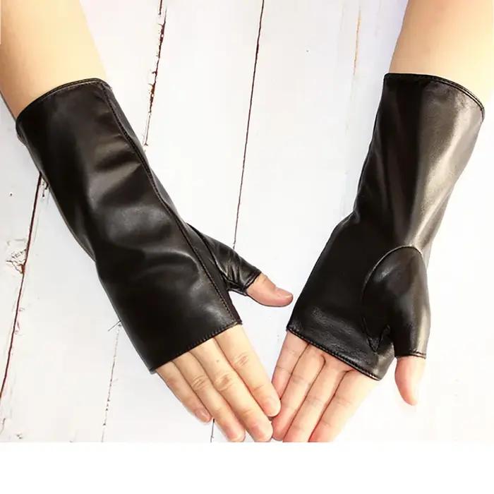 Gants longs demi-doigt en peau de mouton pour femmes et hommes, en cuir, pour conduite de voiture, m
