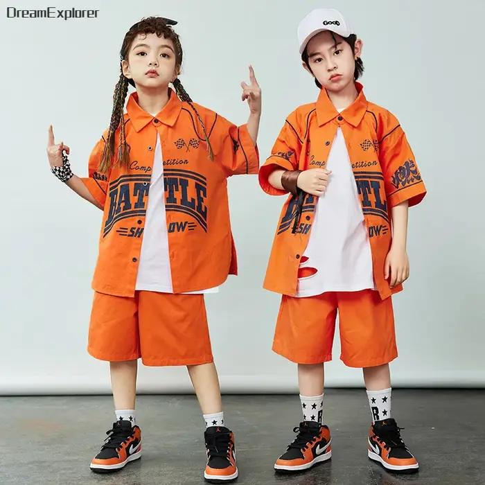 Chemise orange à manches courtes pour garçons et filles, ensembles de vêtements Hip Hop, shorts de d