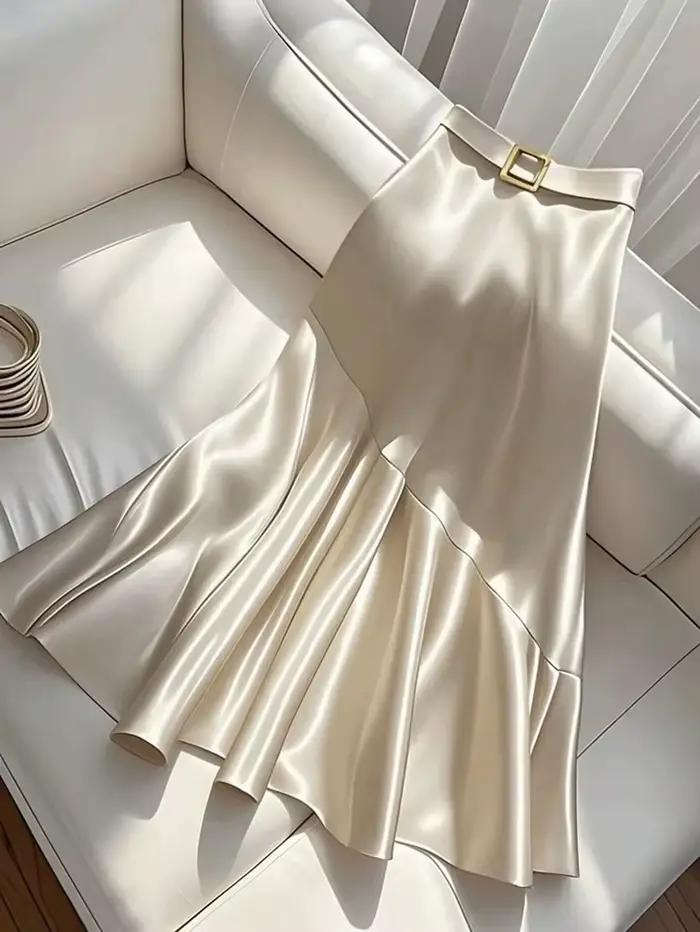 Demi-jupe trapèze en Satin pour femmes, nouveau Design Premium, élégant, couleur Pure, ceinture, col