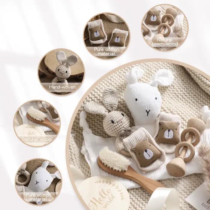 Coffret cadeau naissance 7 pièces : couverture bébé coton double face, accessoires de bain nouveau-né