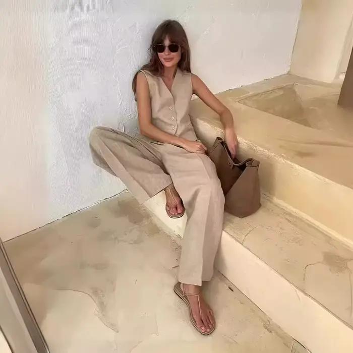 2025 nouvelles femmes lin coton Chic gilet et pantalon costume deux pièces ensemble bureau dames été