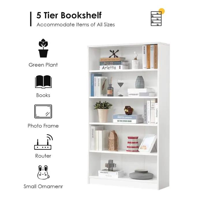 Étagère blanche pour chambre à coucher, bibliothèque de bureau à 5 étagères, 60 pouces de hauteur, b