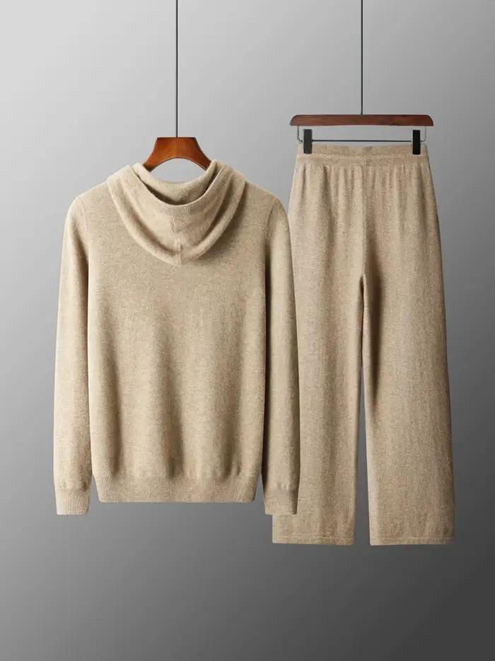 Costume deux pièces en laine mérinos pour hommes, pull tricoté à col à capuche et pantalon à jambes