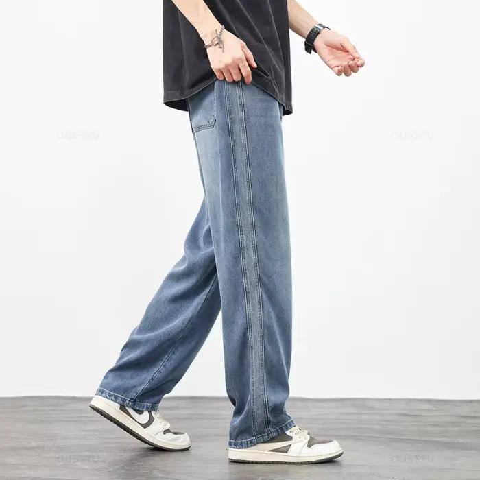 Jeans pour hommes en tissu lyocell doux et confortable de qualité supérieure, coupe ample, jambe lar