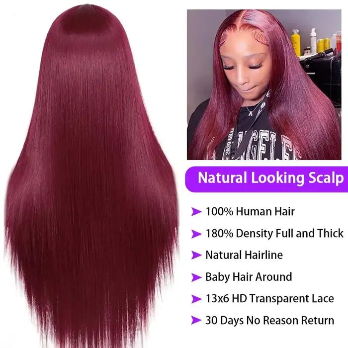 Perruque Lace Front Wig sans colle naturelle, cheveux lisses, bordeaux, HD, 5x5, 13x4, 13x6, pre-plu