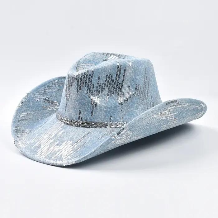 Chapeau de cowboy occidental en denim lavé, chapeau de jazz de cow-girl adapté aux vêtements décontr