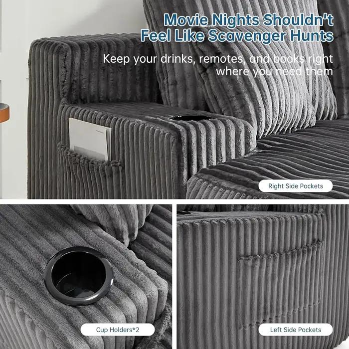 Chaise longue surdimensionnée, lit, rembourrage en velours côtelé, avec 4 oreillers, accoudoirs, sal