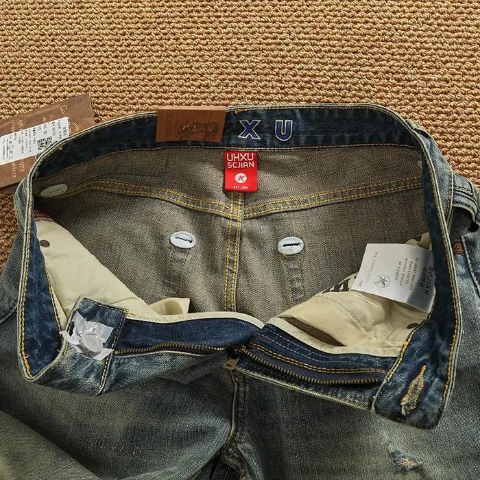 Jean en Denim Patchwork de style rétro américain pour hommes, pantalon droit effilé, extensible, dél