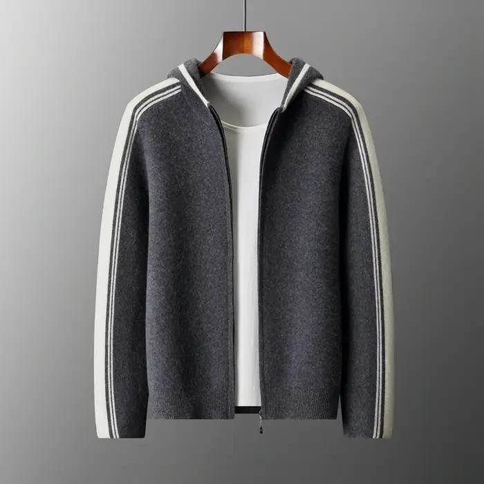 Lancement du nouveau produit: pull tricoté épais à capuche pour hommes 100% laine mérinos Cardigan à