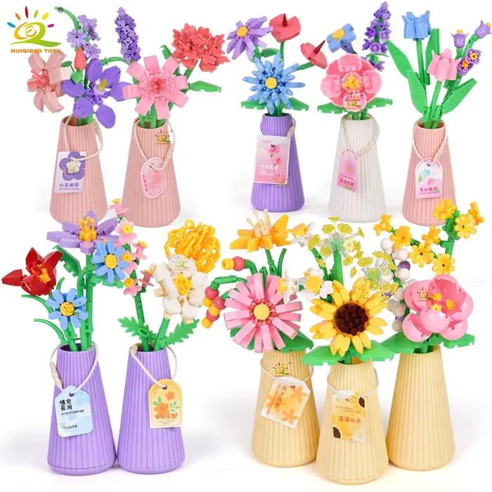 Bouquet de fleurs éternelles avec pot micro bloc de construction tournesol rose mini modèle brique jouet pour maison bureau décoration romantique et élégante