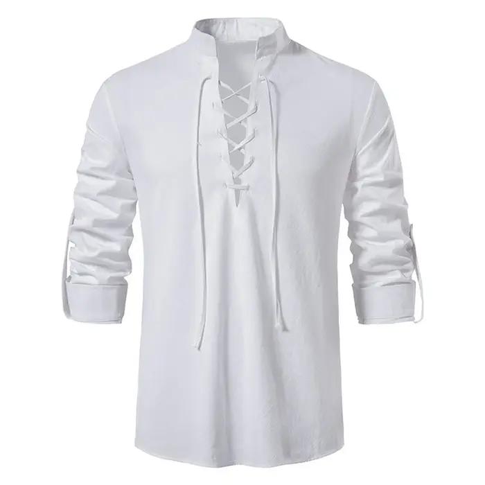 Nouveaux hommes blouse décontractée coton lin chemise hauts à manches longues t-shirt printemps auto