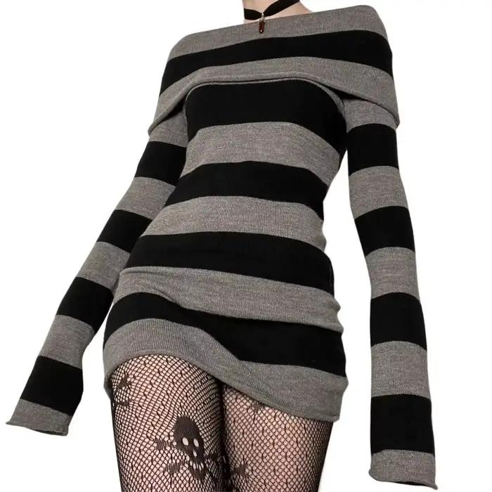 Mini robe moulante rayée pour femmes, col bateau, épaules dénudées, manches longues, courte, envelop