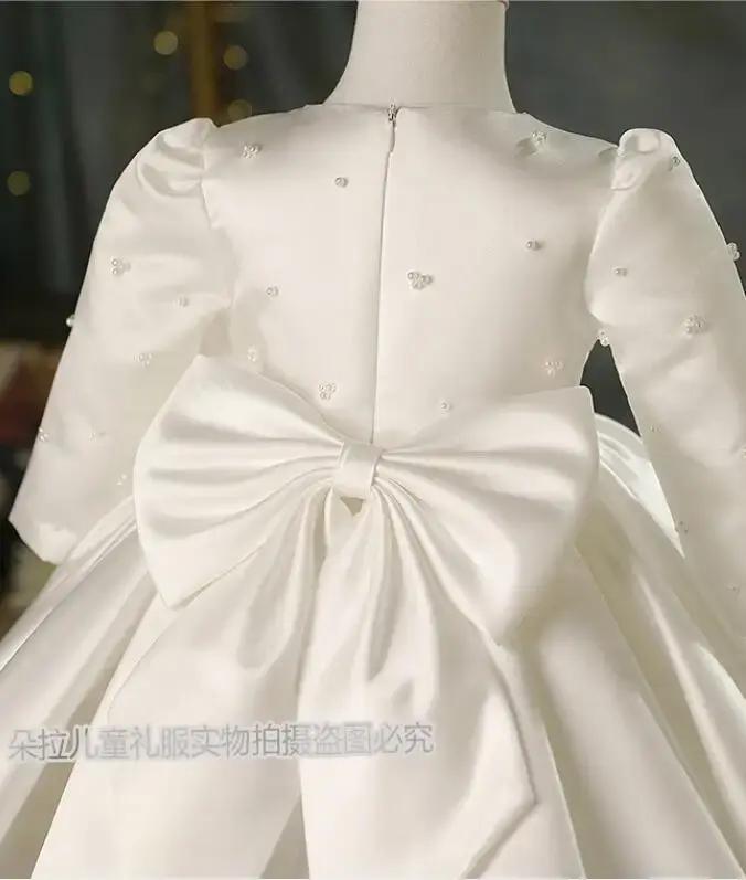 Robe de 1er anniversaire pour bébé fille, tenue de baptême à manches longues avec nœud Tutu, robe de