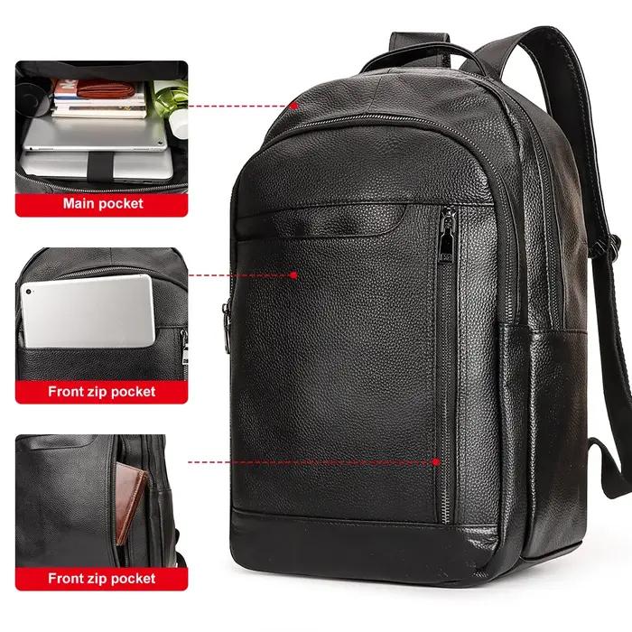 Sac à dos de voyage noir pour hommes, en cuir véritable, pour ordinateur portable, grande capacité,