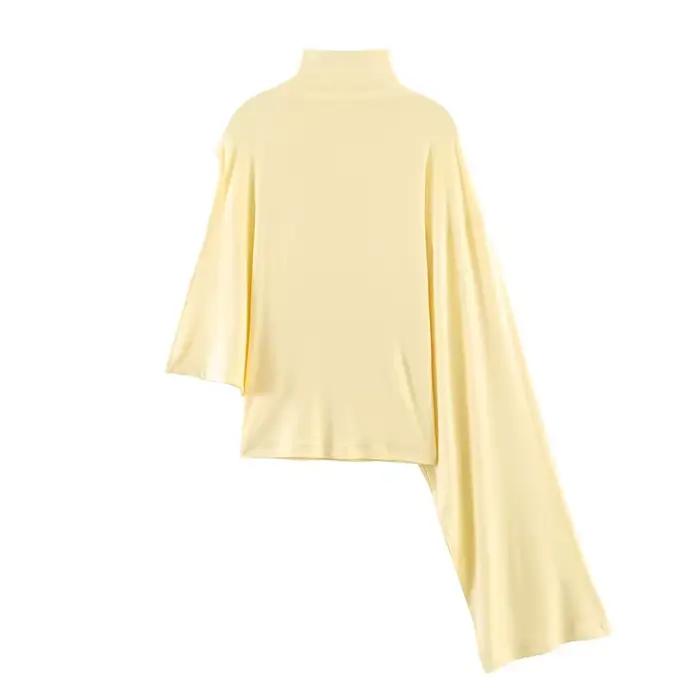 Haut asymétrique plissé décoratif jaune à col montant et manches courtes pour femme, nouvelle collec