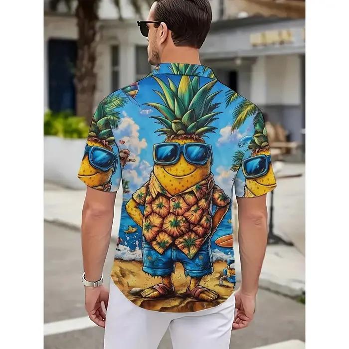 Chemise d'été décontractée à manches courtes pour hommes, graphique d'ananas hawaïen imprimé en 3D,