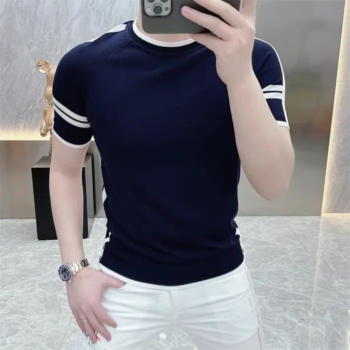 T-shirt d'été à rayures pour hommes T-shirt à col rond à manches courtes Ice InjShort T-shirt Slim F