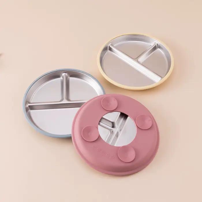 Couleur enfants 5 pièces ensemble d'alimentation pour bébé en acier inoxydable vaisselle en Silicone