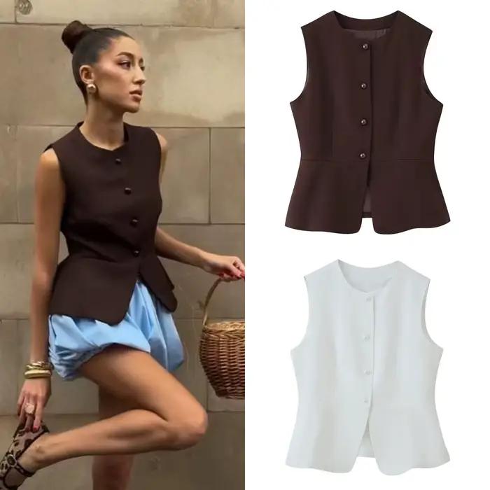 ETJ automne 2025 femmes élégant mode couleur unie col rond gilet tempérament polyvalent bouton up gi