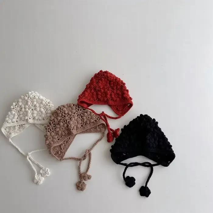 Chapeau tricoté pour bébé fille, bonnet à rabat d'oreille en Crochet fait à la main, mignon ajouré,