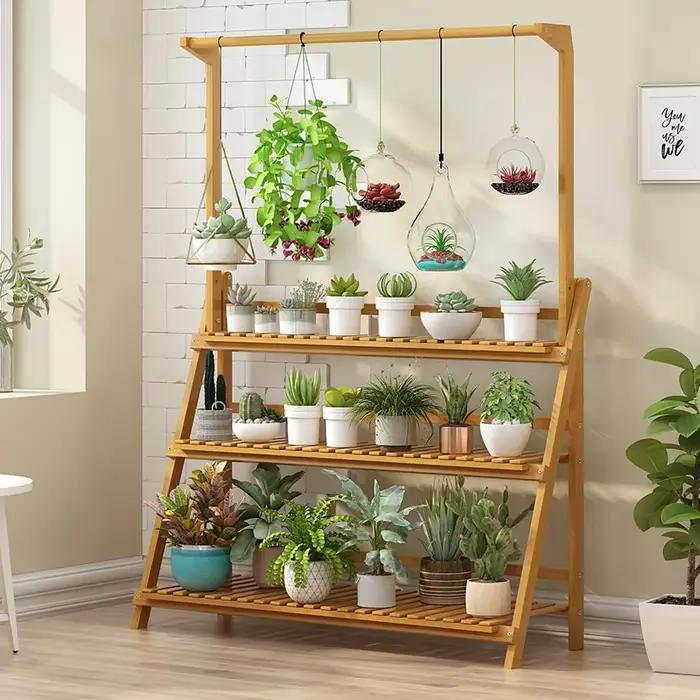 Support pliant pour plantes en bambou, étagère pour pots de fleurs, multi-usage pour serre intérieur