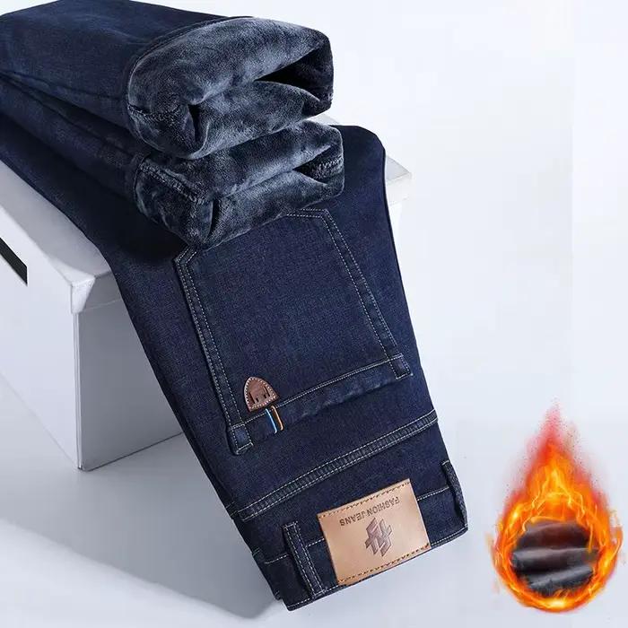 Hiver chaud polaire jean hommes épais thermique décontracté droit Denim pantalon mâle travail d'affa