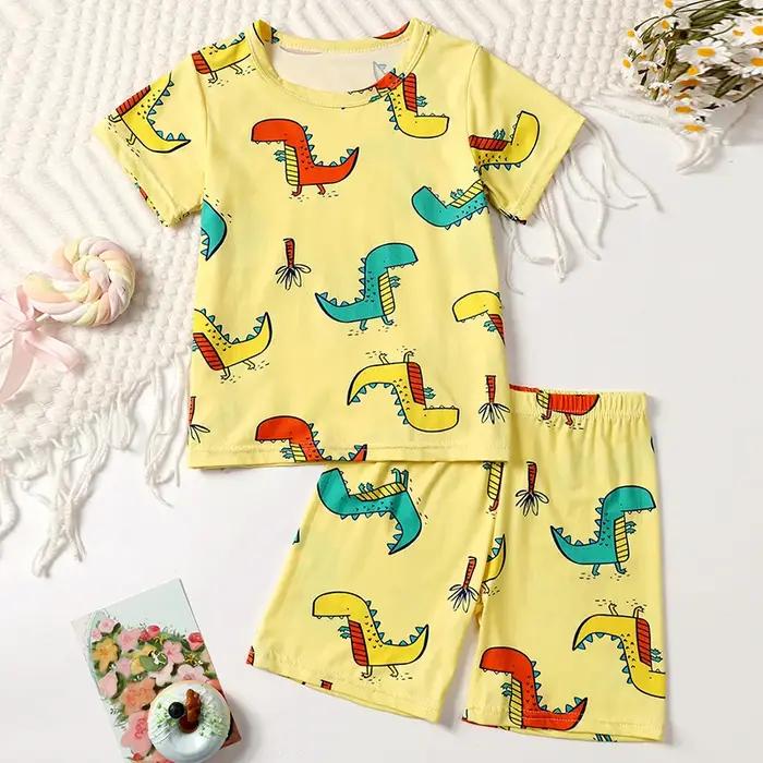 Costume été 2 pièces enfant imprimé dinosaure Joker confortable fille manches courtes rose