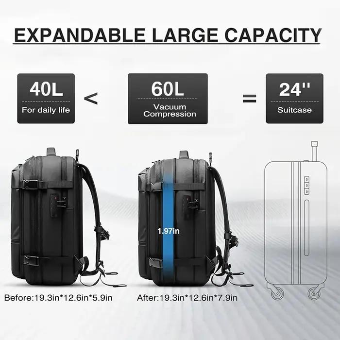 Sac à dos de voyage sous vide 60L extensible avec système de compression d'air et serrure TSA, bagag