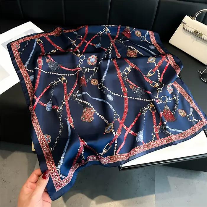 Petite écharpe carrée imprimée chaîne de luxe, fausse soie, foulard de cou fin, mode protection sola