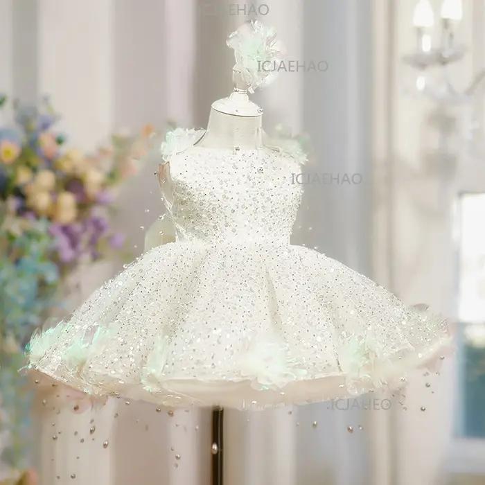 Robe de princesse élégante pour enfants, style perle et fleur, avec sequins, pour filles, idéale pou