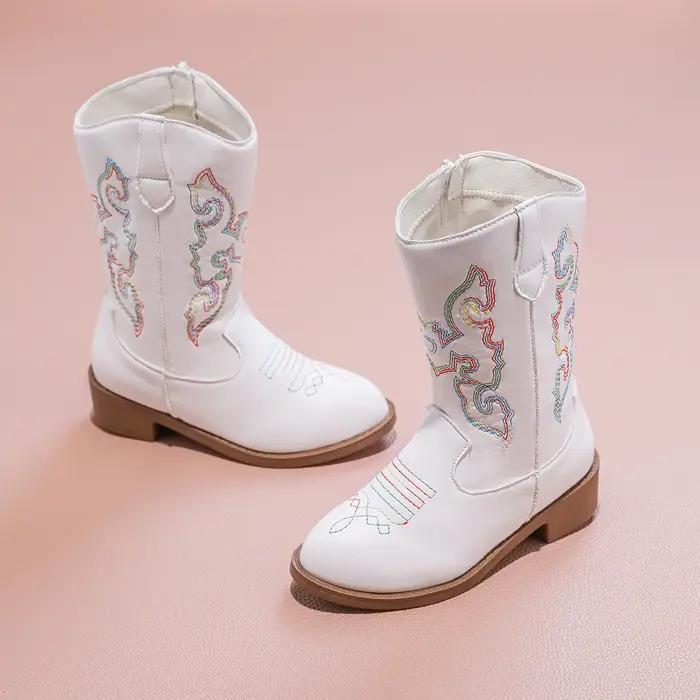 Bottines de Cowboy en PU pour filles, mi-mollet, antidérapantes, fermeture éclair latérale, simples,