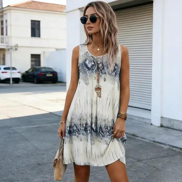 Nouvelle Robe Bohème Sans Manches pour Femme 2026, Robe d'Été Ample et Légère à Imprimé Effet Encre,