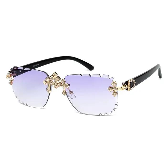 2025 mode carré sans monture lunettes de soleil pour femmes croix diamant métal cadre