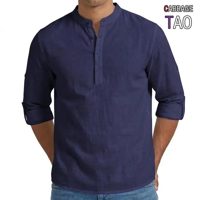 Chemises pour hommes en mélange de lin de qualité supérieure, hauts Henley à manches longues, style