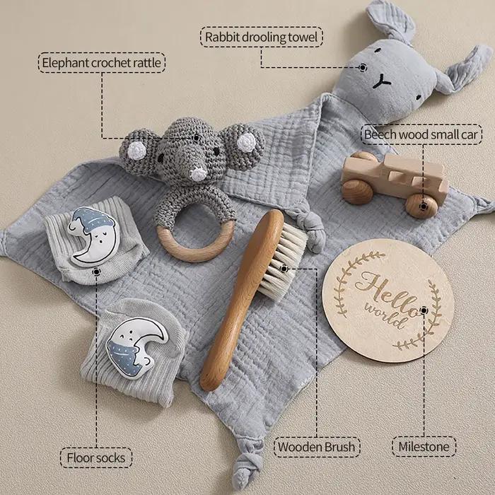 Coffret cadeau naissance 7 pièces : couverture bébé coton double face, accessoires de bain nouveau-né