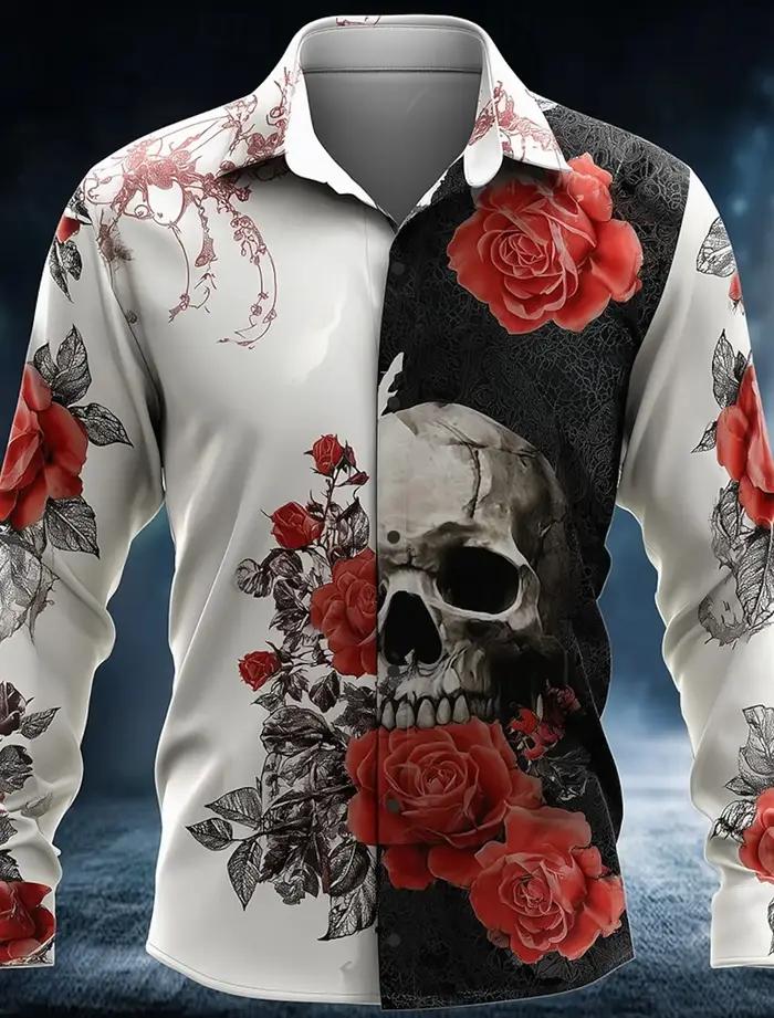 Chemise boutonnée à manches longues pour hommes, squelette Rose Skulls, Style gothique foncé, Street
