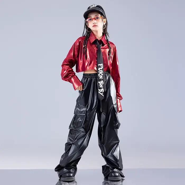 Haut court rouge à manches longues, pantalon en cuir, Costume de danse Jazz, vêtements pour filles,