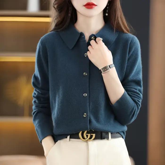 Cardigan tricoté à col POLO pour femmes, basique, polyvalent, veste en laine filée, élégant, pull à