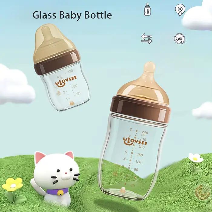 Biberons en verre borosilicate de 4oz,8oz, biberon à col large avec trou/vanne d'équilibre de l'air
