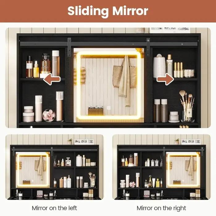Vanité de maquillage éclairée de style ferme avec miroir coulissant et bureau à plateau en verre ave