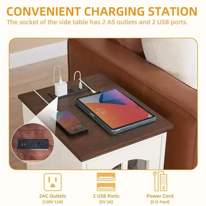 Ensemble de 2 tables d'appoint étroites blanches avec station de charge, table d'appoint en verre st