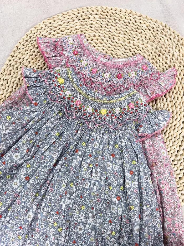 Robe smockée en pur coton pour filles, douce et respirante, brodée à la main, rétro, robe de princes