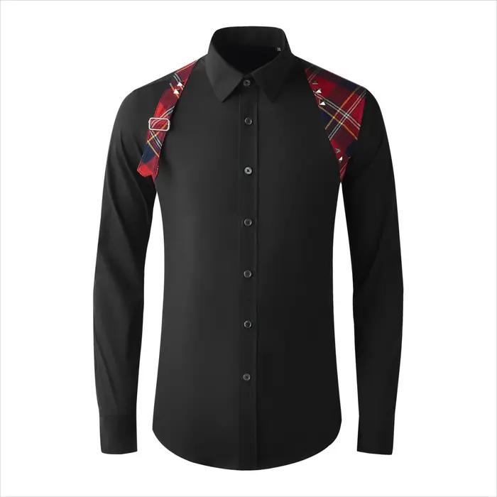 Chemise à manches longues pour hommes, bretelles d'épaule, épissure à carreaux, décoration à rivets,