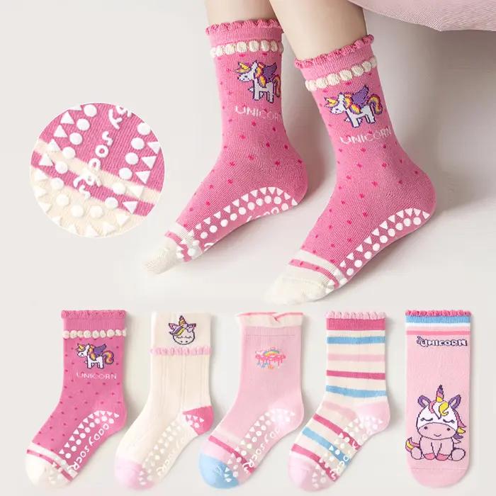 Lot de 5 chaussettes à pois pour enfants avec motif licorne arc-en-ciel et bordure en dentelle, adap