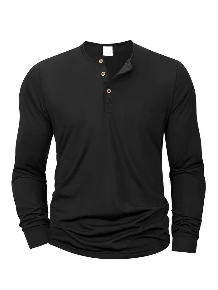 Nouveaux hommes Henley T-shirts à manches longues basique décontracté col de bande T-shirts conforta