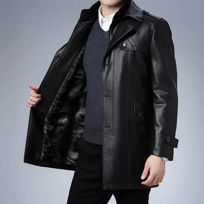 Veste d'hiver en cuir polaire pour hommes, costume d'affaires mi-long décontracté avec col coupe-ven